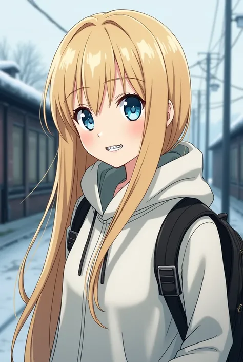 An Anime of a woman named Grazielly Santos Silva with very long blonde hair, but at the end of the hair it&#39;s a little black, very light blue eyes, white skin color and with braces in his mouth and a black backpack on his back, and white cold weather cl...