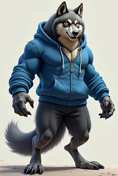 muscular wolf dressed in blue sweatshirt open hand 
