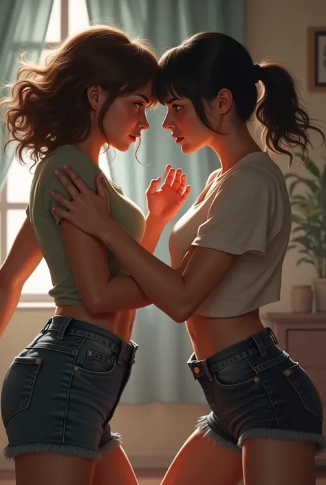 The sister with wavy brown hair attacking the sister with short black hair More realistic 