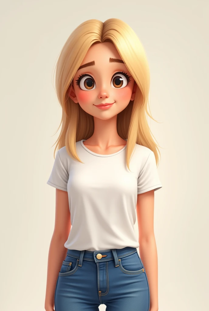 Cute realistic cartoon woman ,straight blonde hair,blue jeans and white t-shirt.