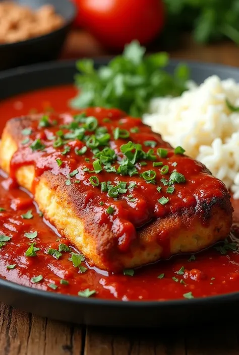 A dish made of beef parmigiana with lots of red sauce, white rice, pinto beans,  crisp


