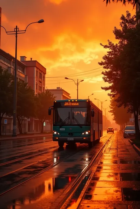 orange sky after rain , a bus on the street