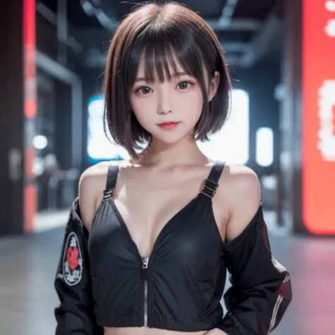 Highest quality、8k,(((Beautiful girl small breasts))),Wearing a black jacket、Cyberpunk Red Green Background、(((Upper body naked))),smile,(((Small body))),(((Cute little sister))),、、Round face,Big eyes, Round eyes、No makeup、Sweaty、Childlike face