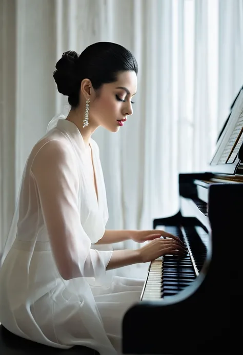 What I associate with her is a quiet lake surface without even a ripple. In front of the piano, she is enveloped in a clear tension and sharp concentration like a veil of water. There is only the piano and her. 