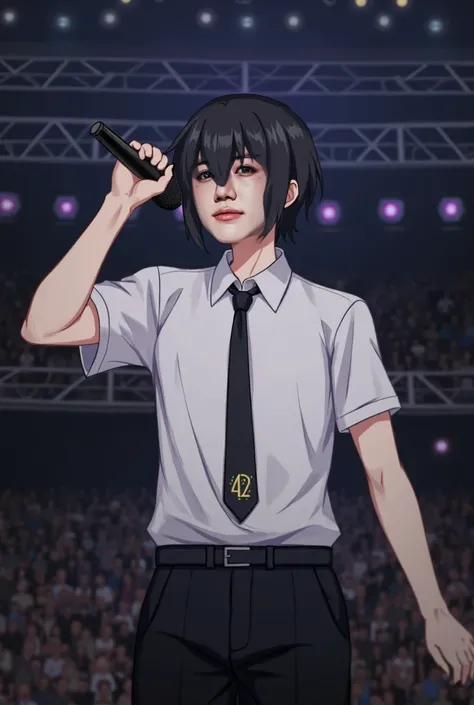 Casual white short-sleeve shirt, dark tie with "42" emblem, holding a microphone, relaxed stance,  black hair ((please  black hair)), indoor stage with dark background and out-of-focus lights, even lighting, night-time performance setting.