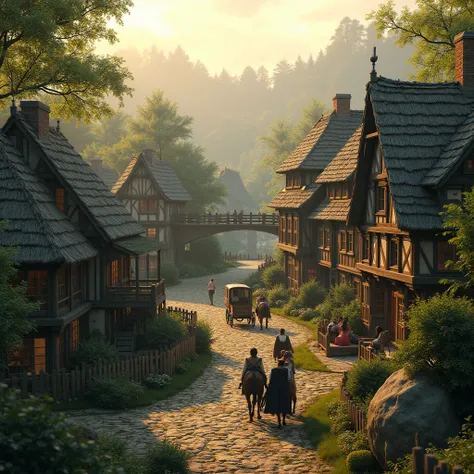 medieval wooden village, small houses, dirt road, cobblestone street, thatched roof houses, wooden fences, wooden bridges, horse-drawn carriages, villagers in medieval clothing, detailed foliage, lush greenery, warm lighting, golden hour, mist, atmospheric...