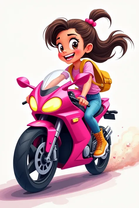 A cartoon of a girl riding a pink biz motorcycle from the side 