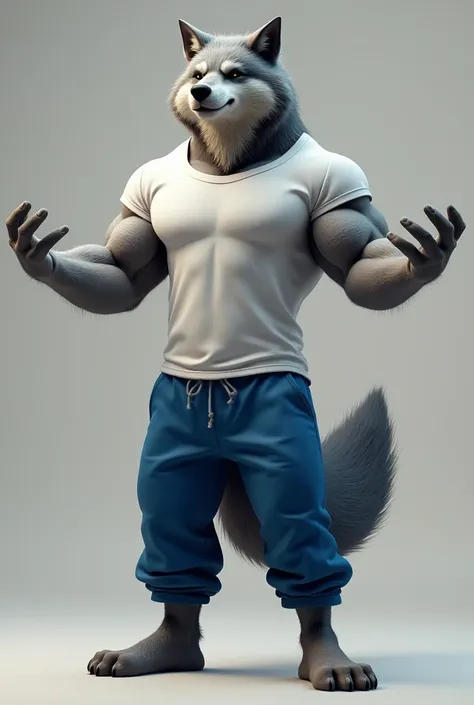 muscular wolf in t-shirt and blue sweatpants with arms open
