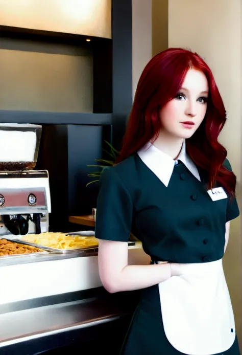 photography of café environment, with a young 1 waitress, red hair, in a stylish uniform.