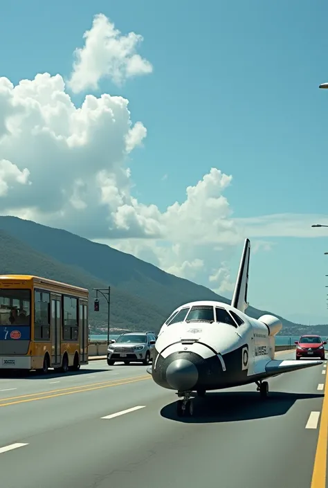 Space shuttle driving in traffic with beach in the background with bus stop 