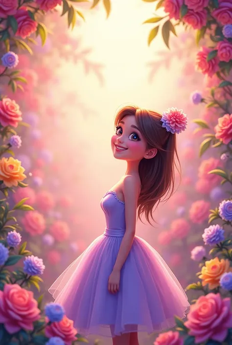 Presentation image with a flower background for a 15th birthday party with a cartoon woman dressed in a lilac dress. This image is perfect but with the drawing of the woman on one side.