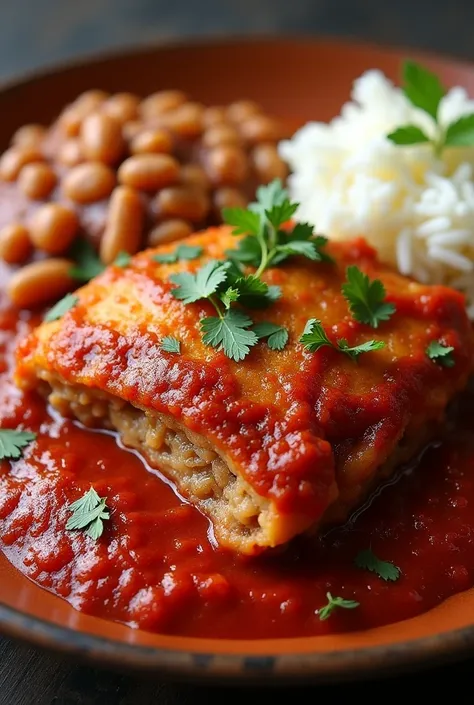 A dish made of beef parmigiana with lots of red sauce, white rice, pinto beans,  crisp


