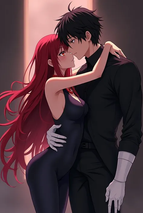 Anime girl with long hair and red eyes wearing black clothes with a red necklace hugging a muscular boy with black hair and black clothes with white gloves and boots 