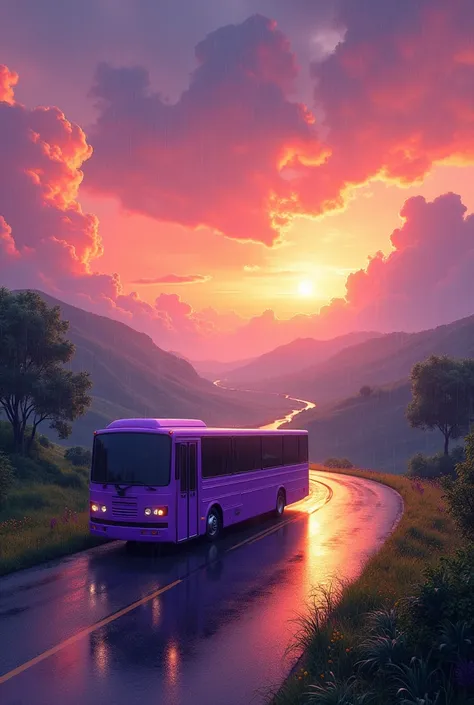 the orange sky after rain , a purple Shuttle bus on the road
