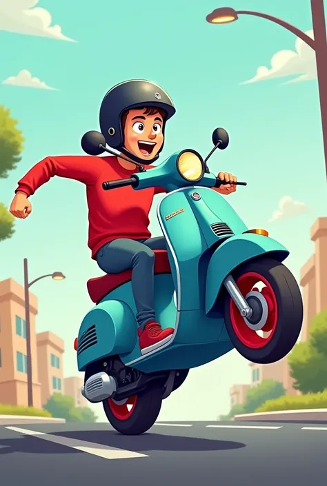 A man wearing a red long-sleeved shirt and a black full-face helmet riding a new blue Vespa64 with red wheels wheelie on the road.. It is a cartoon image.