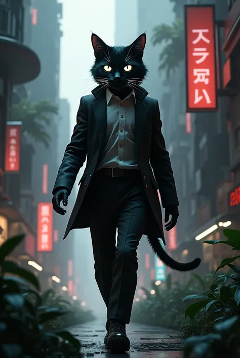 Cat in black and white suit and costume with glowing eyes, walking in the Jungle city black colour 