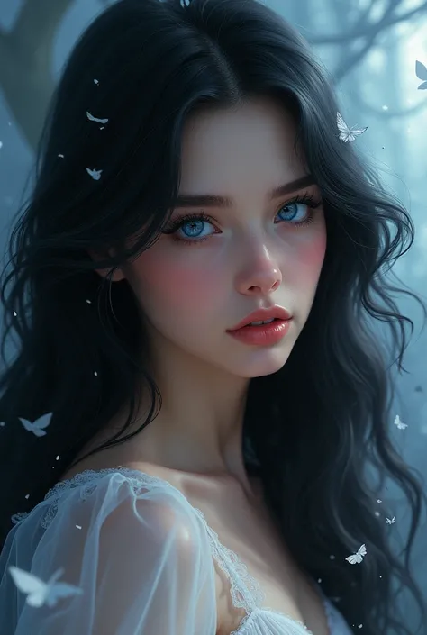 A beautiful young woman with smooth like silk midnight black hair and deep blue eyes. Perfect face that could captivate anyone.
The style should be like fantasy art type. 