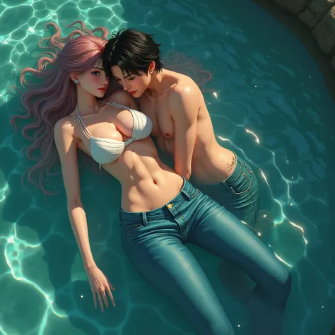 A high quality and 2.5D anime image, featuring the view from above which captured by a dramatic lighting and inspired by pre-raphaelite brotherhood. (1man + 1girl:1.4) ,The image of , (1girl she is a mermaid :1) ,with a beautiful face, large breasts, weari...