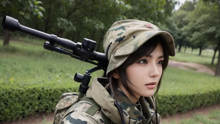 Pretty woman Sniper in ambush. Portrait of modern female soldier with rifle looking through scope
