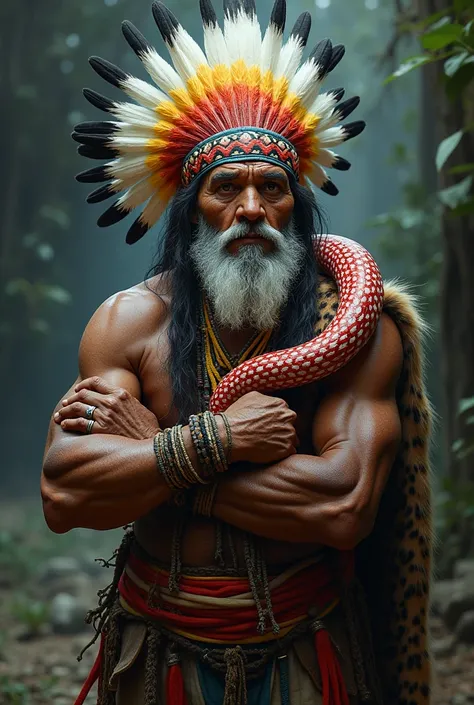 A tall, strong, dark-skinned old Indian , with red yellow and blue headdress in front with a red and white snake on the arm and a jaguar skin on one shoulder 