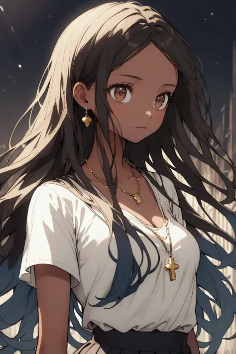 1girl, brown eyes, black hair with blue fade, blue strands in the hair, long hair, skinny waist, medium breasts, tan skin, a gold charm necklace, calm, monotone, young girl, teenager girl, brown skin, pale, ice powers, wearing a white shirt, 