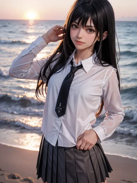 Scathach, single focus, looking viewer from side, upper body from below, hands on hip, (flat chest:1.8), (collared shirt, pleated skirt:1.4), fluttering hair, long wavy hair, blush, smug, smirk, eyeshadow, long eyelashes, sunset, beach