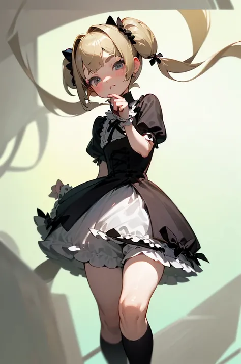 (Highest quality、masterpiece、Very detailed、One Girl、Cute Face、Silky Short Blonde、(((short hair with twin tails、Short Bob Twin Tail)))、Grey Eyes、From the knee up、Gothic Lolita Fashion、Very detailed目、Small red cheeks and nose、Cute Face、((dynamic angle)),((dy...