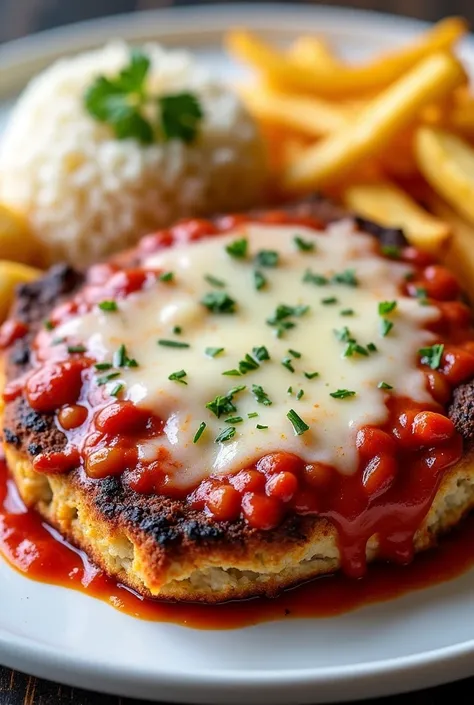 Steak Parmigiana Dish, white rice, Carioca beans and French fries


