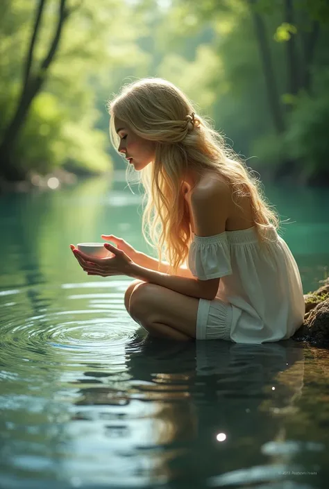 create a beautiful blonde woman drinking water in the river