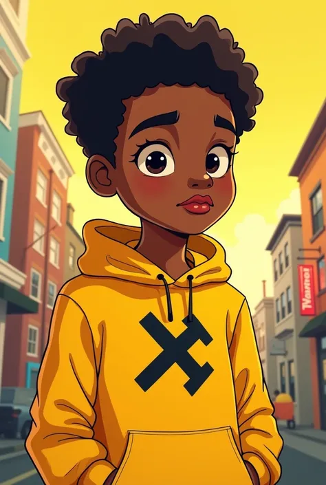 he wears yellow, uses the symbol of yellow September, is high, black skin color, a character that represents yellow September, I want the character in Cartoon, I want it with the yellow September symbol, a teenage character, I want a more mature Cartoon 