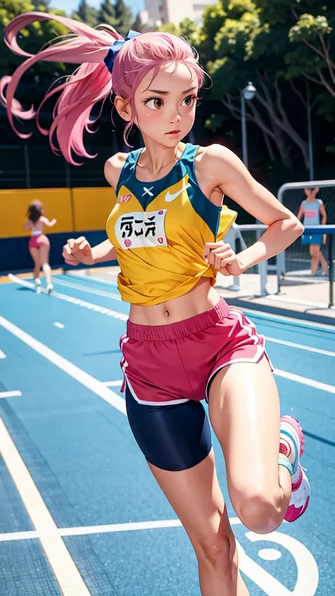 1 girl, solo, running, Gray Track Top, pink shorts, ponytail, athletic build, dynamic brushstrokes, fluid movement, capturing the essence of her athleticism and energy, using light colors and soft tones to create a dreamy and ethereal atmosphere, portrayin...