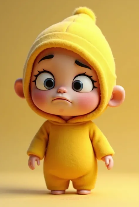 Create animation doll with yellow clothes and yellow body sad expression 