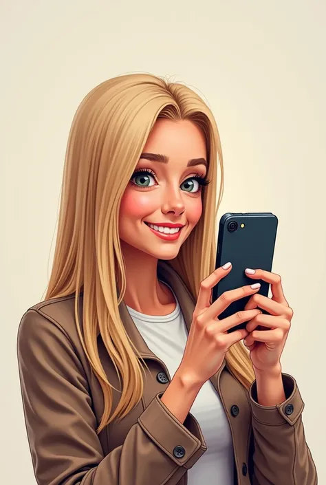 Realistic cartoon-style drawing of a woman taking a selfie with her high-end cell phone and having long, straight blonde hair. 