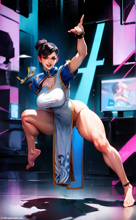 tall woman,  Age 22 , white skin color , Bblack hair , big boobs naked  , defined curves , tight casual clothes with a very deep neckline, Chun Li Stf 6 , Gym Scenario ,  barefoot , one leg up (high qualiy) Masterpiece artwork , Grinning ,perspiring