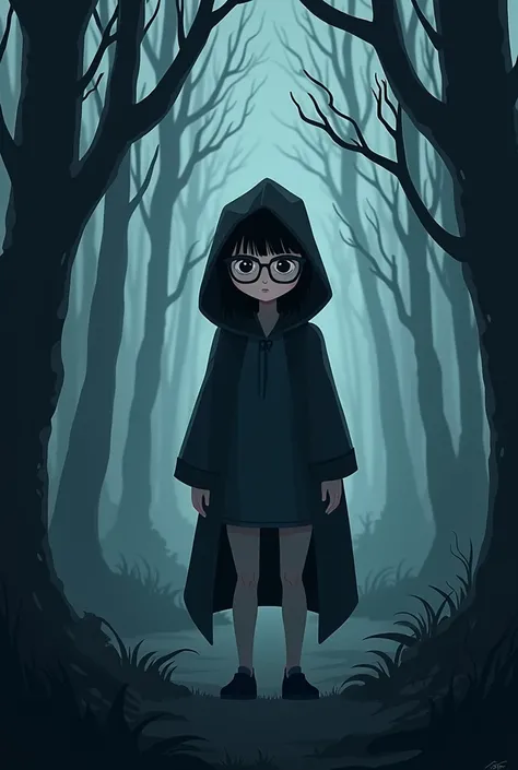 You can create a cartoon for a YouTube channel that talks about conspiracies, mysteries and paranormal stories. I am a white woman, with optical glasses and straight black hair. The idea of the drawing is that I am in the center with a hood on my head and ...