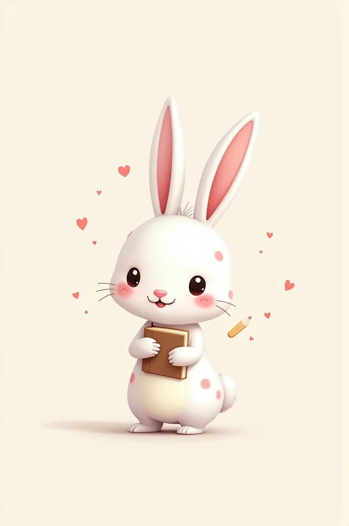 Generates a character-type image of a white rabbit with pink spots, smiling and a pencil and notebook in his hands 