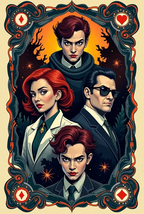 create unrealistic game cards with detective, doctor, Normal person, mafia in the style of this image with the names in Portuguese 