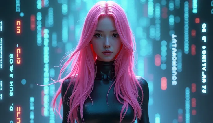 A young woman, with long pink hair, in the background a matrix code, the woman stands upright, full body