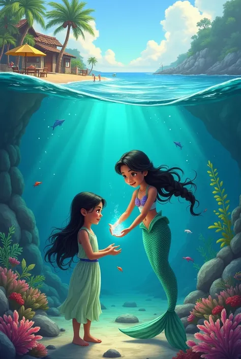 A small, cheerful girl named Meera, with long black hair in a braid, playing near the ocean shore. She is wearing a simple dress, and in the background, there is a picturesque village with small huts, palm trees, and a serene blue sea with gentle waves.
A ...