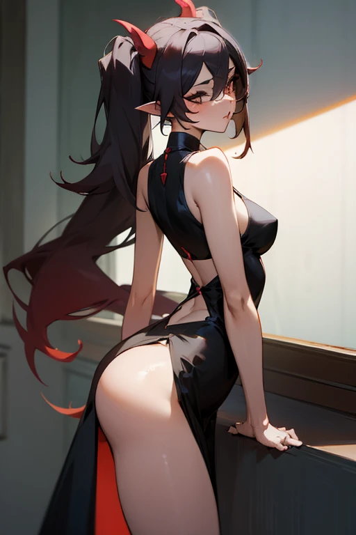 Sexy Demon Girl in Short Mini Skirt with Side Slit, big hips, elastic butt, girl makes a seductive bend showing her hips