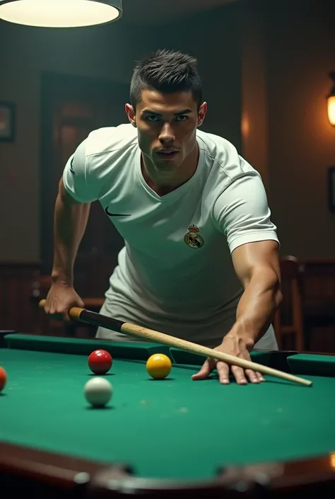 cr7 with the white Real Madrid shirt in a pool hall playing