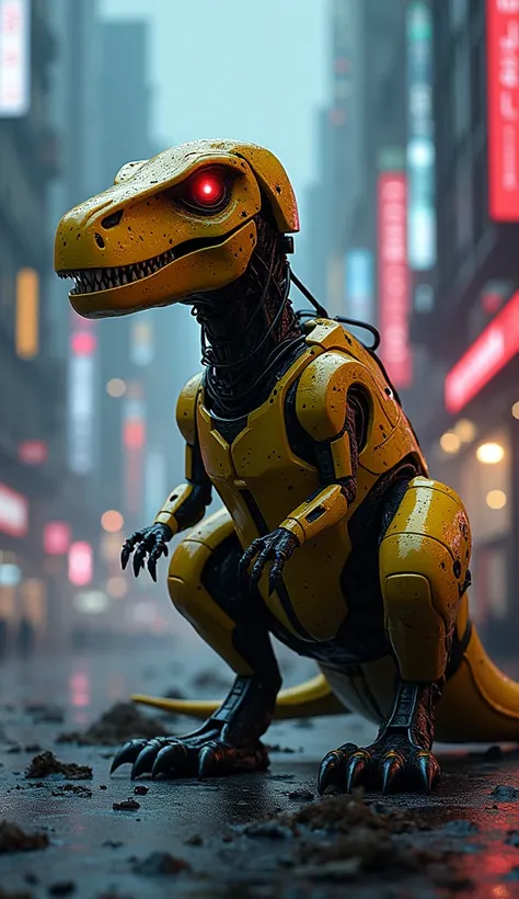 Dinosaur in yellow and black glossy cyborg helmet and costume with red glowing eyes, sitting in the cyberpunk neon city black colour 