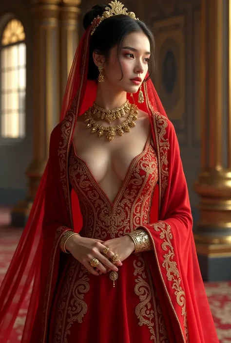 Concubine avec une robe longue rouge luxueuse avec des broderies en or avec une ceinture ornée en cuir, elle a une coiffure élégante, un voile rouge semi transparent avec un collier en or des bagues et des bracelets ainsi quun petit diadème en or larrière ...