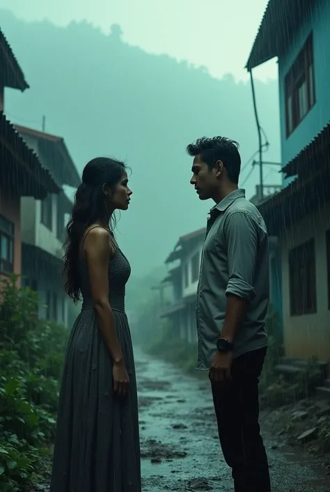 cinematic, photorealistic film poster of two different young couple arguing in anger, rich Vs Poor, Darjeeling outskirt Mountain, Monsoon, Heavy Fog, Rainfall, 1 couple in normal cloth and other couple in suit etc