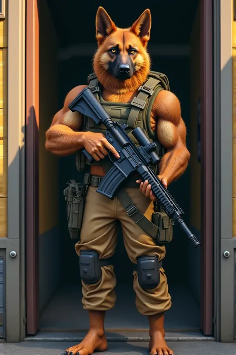 furry, anthro, german shepherd black:1.5, solo, male, standing with a AK 47 on the door looking slyly at the viewer:1.3, super detailed, military beige pants:1.4, detailed face, best art, 8k, vibrant, by taran fiddler:1.8, by RedRusker:1.8, art stile, perf...