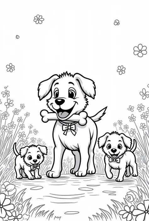 Black and white drawing of a dog with bows in her hair, fly away, happy , shining eyes, with a bone in her mouth going to give it to her cute puppies – in a park full of flowers, near a river,images should be clear and suitable for children to color