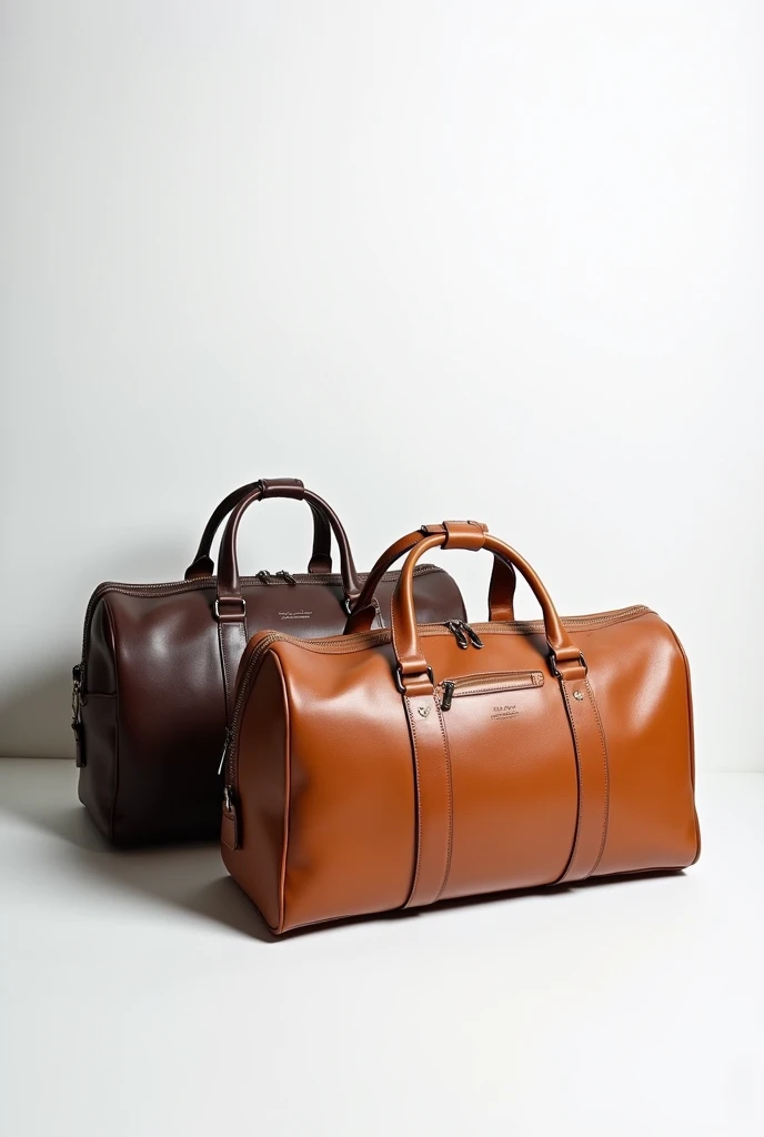 Two leather duffel bags in two different colours placed on a white backdrop . Something classy with layers