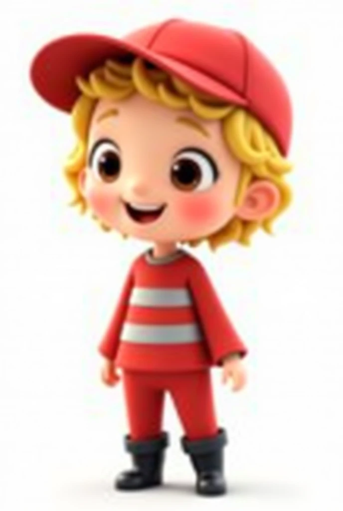  , animated cartoon, very curly hair very short and blonde, red cap and clothes, long sleeve blouse with a horizontal silver stripe and long pants, black boot, Background transparent