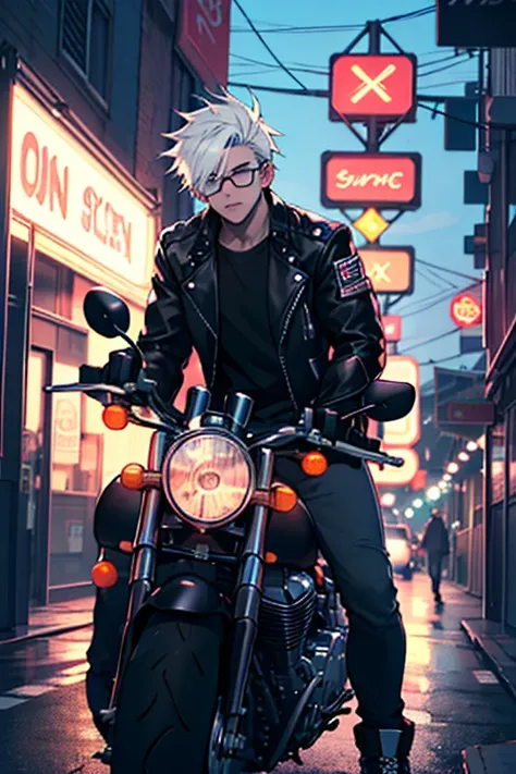 ((Best Quality)), ((masterpiece)), (detailed), 1 white-skinned boy with black glasses and white hair, wearing a black biker jacket and riding a motorcycle. In the background a blue neon sign with the text:  ("FEMALE") 