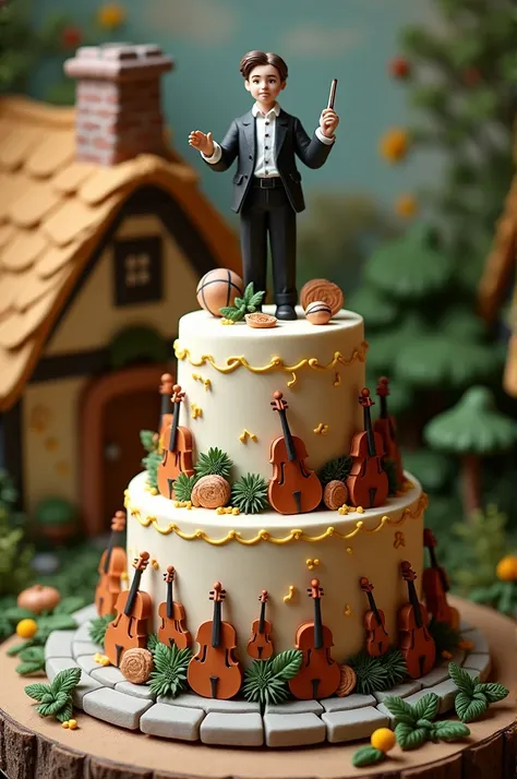 Make a two-tier orchestra cake with a conductor on top around the cake setting a cozy house 